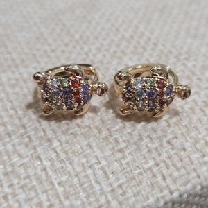 Gold Turtle Earrings with Multicolor Gems